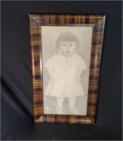 Vtg Wood Frame with Pencil Drawing of Little Girl