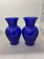 2 Blue Glass Vases 9"