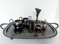 SILVER PLATE TRAY + SERVING PIECES
