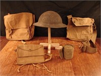 WWI military helmet, haversack personal items