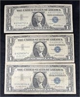 Three (3) 1957 $1 Silver Certificates, Blue Seal