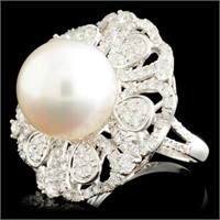 18K Gold 1.61 ctw Diamond Ring w/ 13MM Pearl