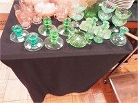 18 pieces of green Depression glass, all glow;