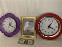2 WORKING WALL CLOCKS & PICTURE
