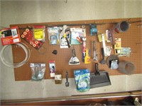 CONTENTS ON PEG BOARD- HARDWARE, SCRAPPERS, MORE
