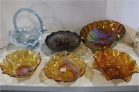 CARNVIAL GLASS CANDY DISHES, FOOTED SERVING BOWL &