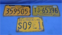 3 Vintage PA License Plates-1955, 1957, Trailer