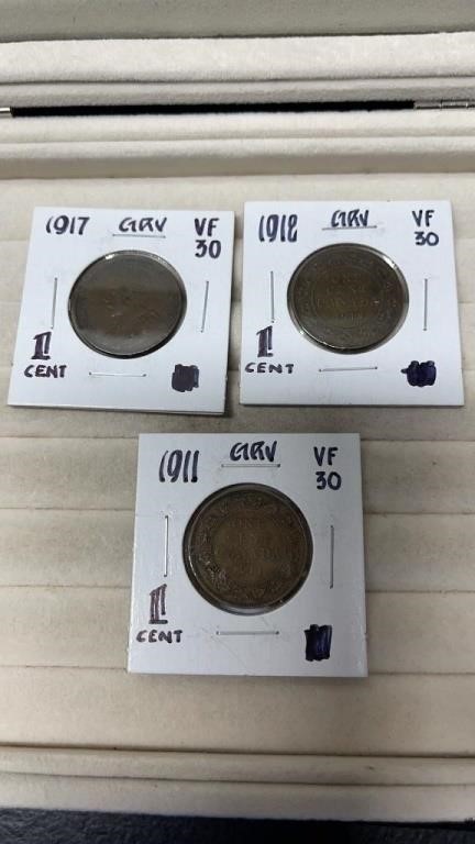 1911,1917,1918 Large Canadian Cents Graded VF30