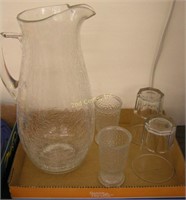 Crackle Glass Pitcher & Drinking Glasses Lot