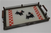 8" X 13" GLASS & WOOD SCOTTIE TRAY NEEDS HELP.