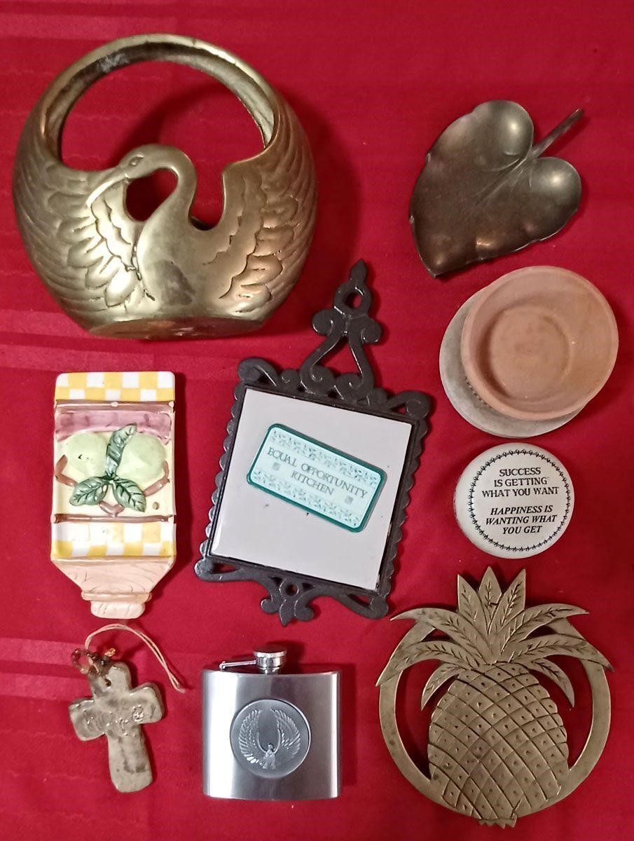 BRASS SWAN BASKET TRIVETS FLASK SPOON HOLDER CROSS