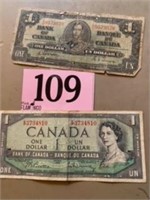 CANADIAN ONE DOLLAR 1937  & 1954 BANK NOTES