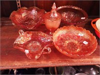 Five pieces marigold carnival glass
