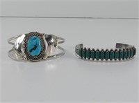 TWO STERLING TURQUOISE AND OTHER CUFF BRACELETS