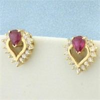 Ruby and Diamond Heart Earrings in 14k Yellow Gold