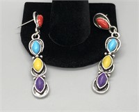 Multi Color Stone, Silver  Dangling Earrings