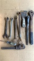 Putty Knife, pipe wrench, wrenches