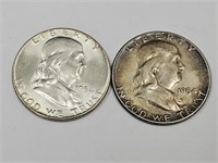 2- 1954 Ben Franklin Silver Half Dollar Coins