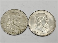 2- 1954 S Ben Franklin Silver Half Dollar Coins