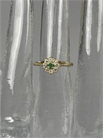 14K Yellow Gold Emerald Diamond Flower Ring