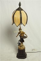 Antique Metal Statue Lamp W Slag Shade 30"