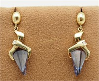 Pair Vtg 10 Kt Gold Designer Gem Stone Earrings
