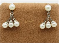 Pr Vintage White Gold Chain Pearl Dangle Earrings