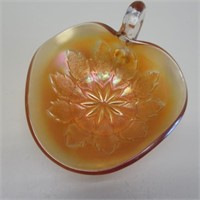 6"D HANDLED CARNIVAL GLASS CANDY DISH. VERY NICE.