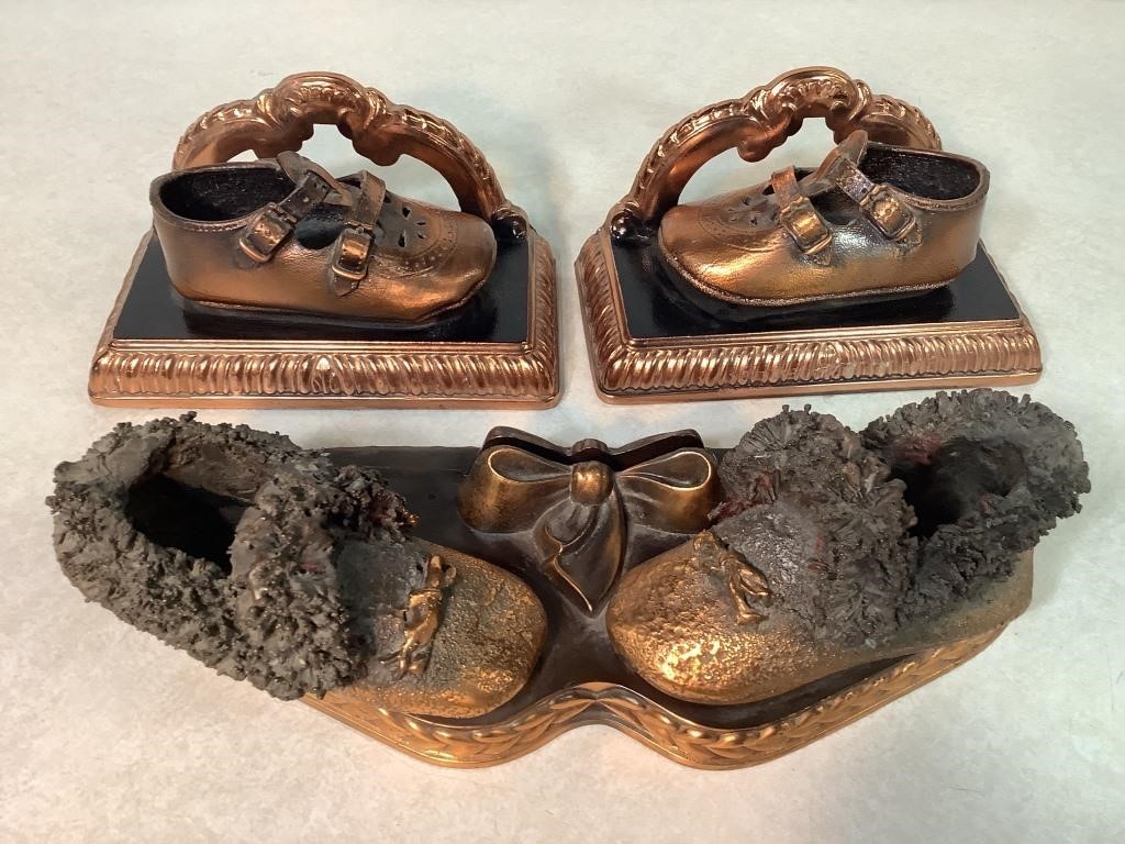 2 Pair Bronzed Baby Shoes, 11 & 7in Long