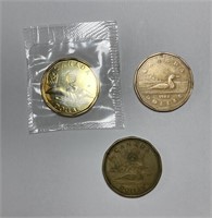 3 Canadian Loonies, One In Sealed Plastic