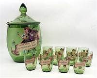 Hand Painted Green Glass German Punch Drink Set w
