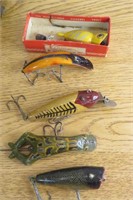 5 Vintage Fishing Lures  Frog,  T4, Wood & More