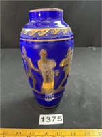 Gold Accented Etched Cobalt Blue Vase