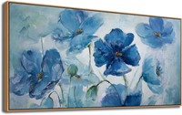Blue Flowers Wall Art  Dark Frame  24x48in