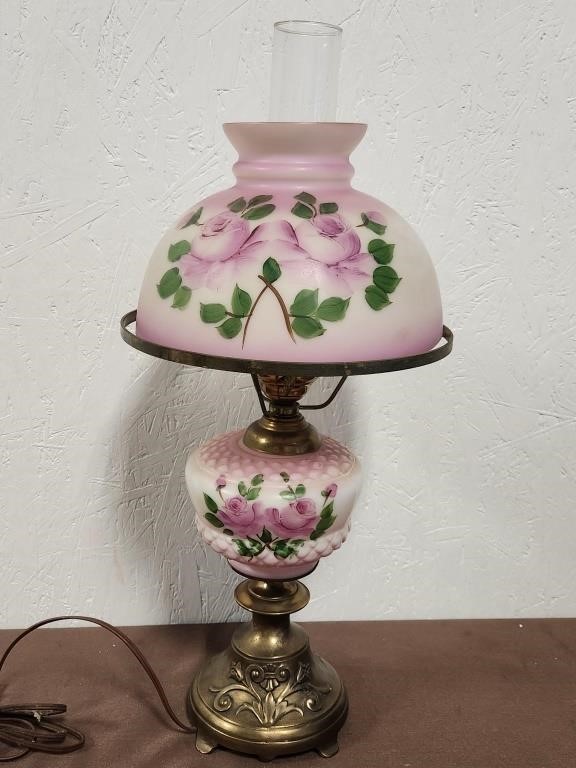 Vintage Rose Painted Hurricane Lamp