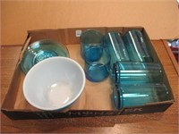 Pyrex Small Mixing Bowl & Misc Blue Glassware