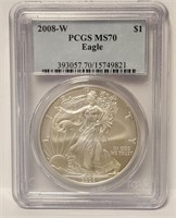 279 - 2008-W PCGS MS70 AM. EAGLE SILVER DOLLAR (88