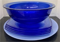 Large Blue Glassware - Bowls and Plate Set