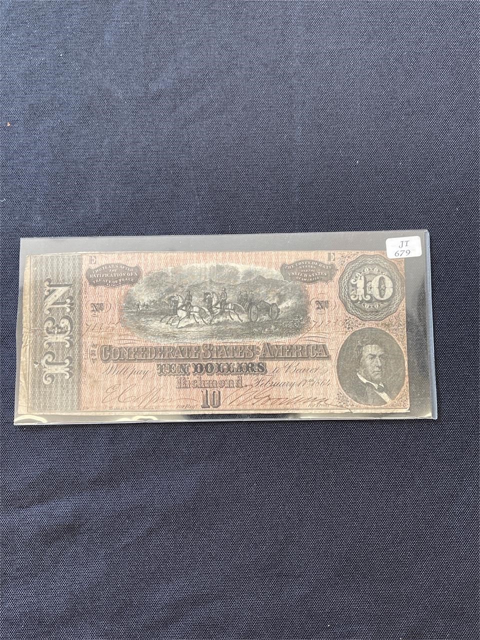 1864 Confederate states America $10 Hand signed