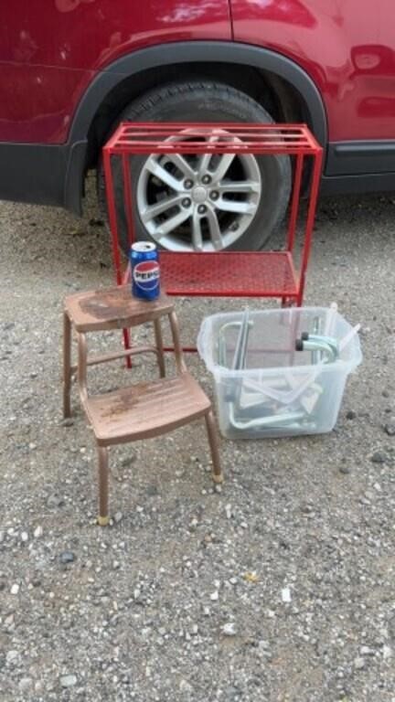 Metal Step, Shelf, Tub of Hangers