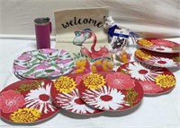 Summer Decor, Flamingo Flag, Plates, Reusable