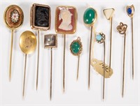 ANTIQUE GOLD AND OTHER STICK PINS, LOT OF 11,