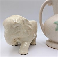 Vintage Ivory Pottery Vase & Ivory Elephant