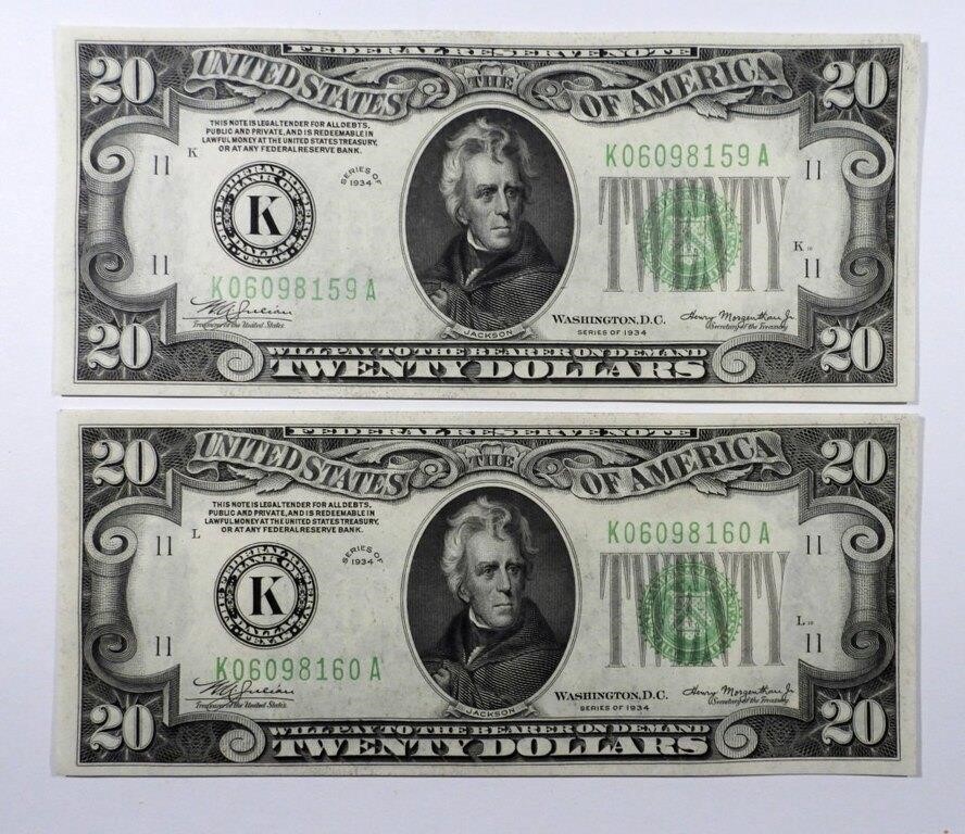 (2) 1934 $20 FRN - CONSECUTIVE NUMBER