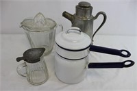 4 pc Morning implements enamel, glass & pewter