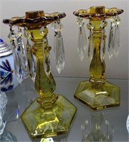 PAIR OF ANTIQUE AMBER CANDLE LUSTRES