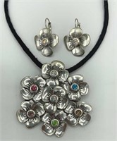 3” Silver Tone Flower Rhinestone Pendant & Earring