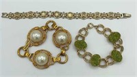 3 Clasp Gold Tone Faux Pearl Gemstone Bracelets