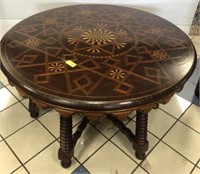 SPOOL LEG INLAID TOP DINING TABLE EXOTIC WOODS