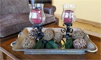Mirrored farmhouse tray, candles, greenery, decor